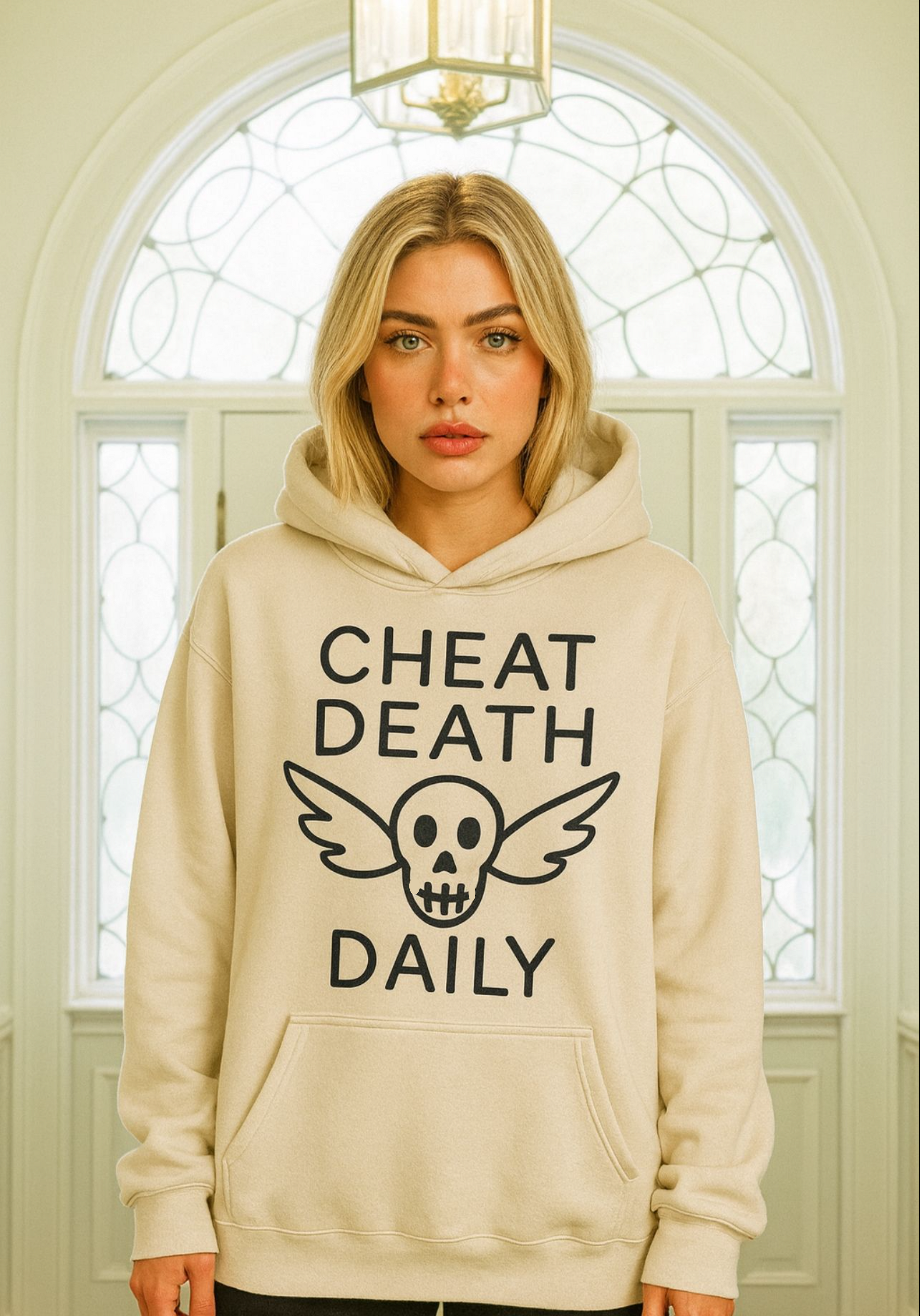 Person wearing a beige hoodie with 'Cheat Death Daily' text and skull design. By Highway Division HWY DIV