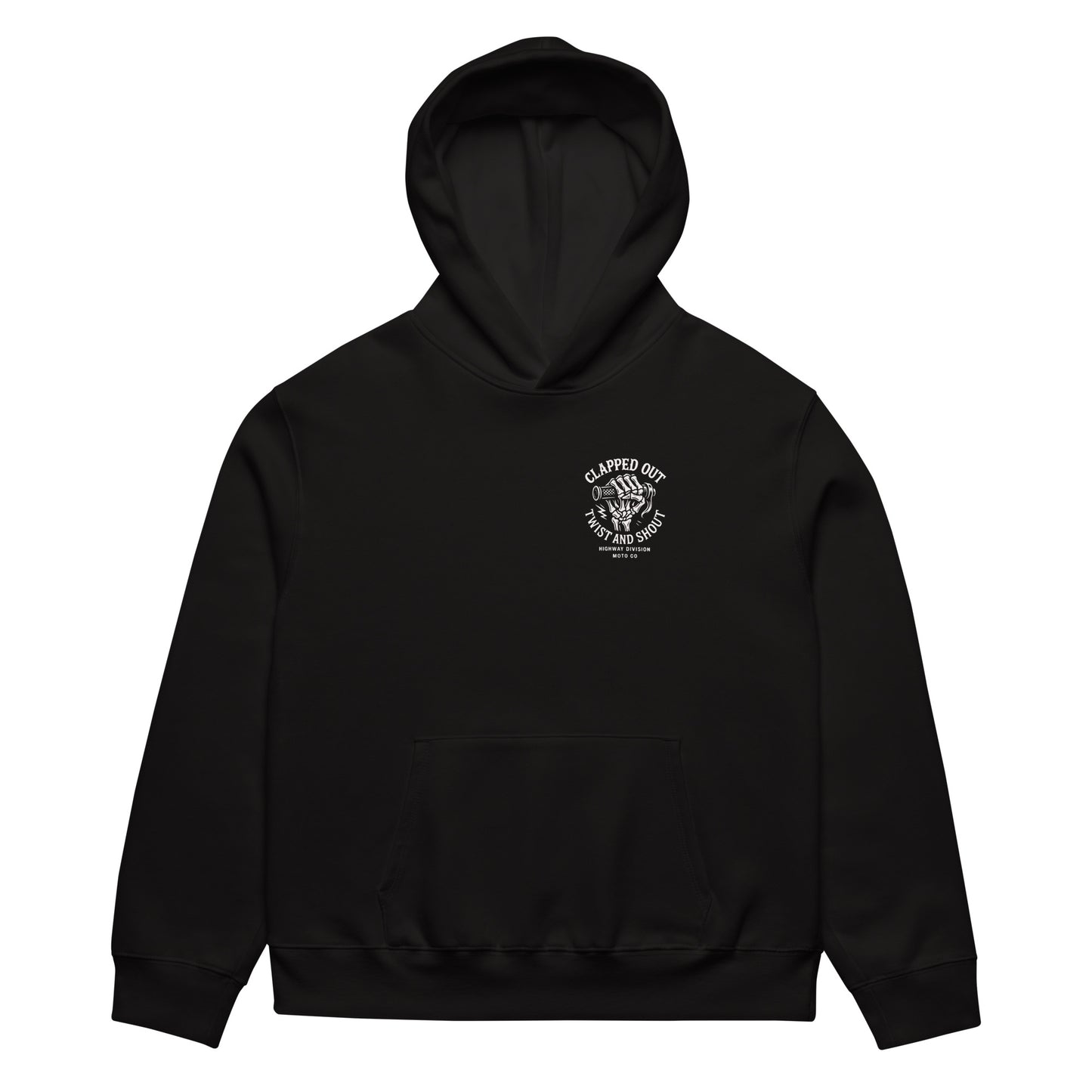 Highway Division black hoodie featuring bold “CLAPPED OUT TWIST AND SHOUT” front print. Inspired by Harley‑Davidson Dyna riders and gritty one‑wheel wheelies, this heavy‑weight streetwear hoodie captures ride‑hard, live‑loud motorcycle culture.