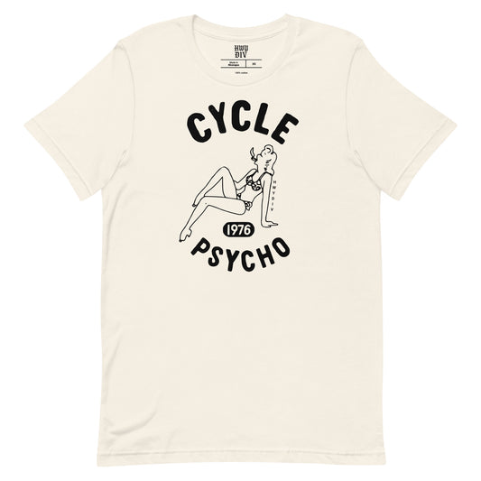 Vintage white CYCLE PSYCHO tee by Highway Division; motorcycle streetwear graphic t-shirt for riders, builders, throttle lovers with gritty, rebellious attitude.