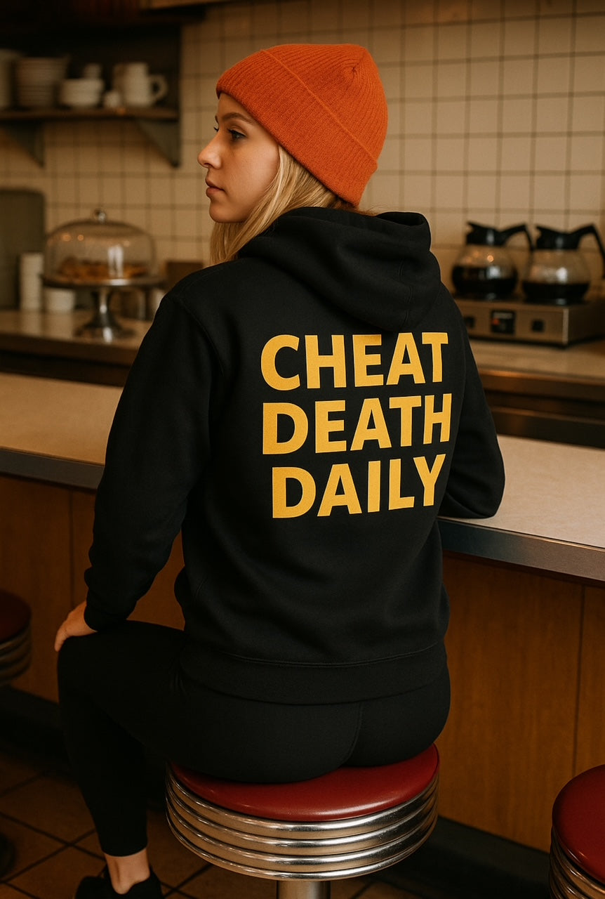 Person wearing a black hoodie with 'CHEAT DEATH DAILY' text in a kitchen setting harley davidson