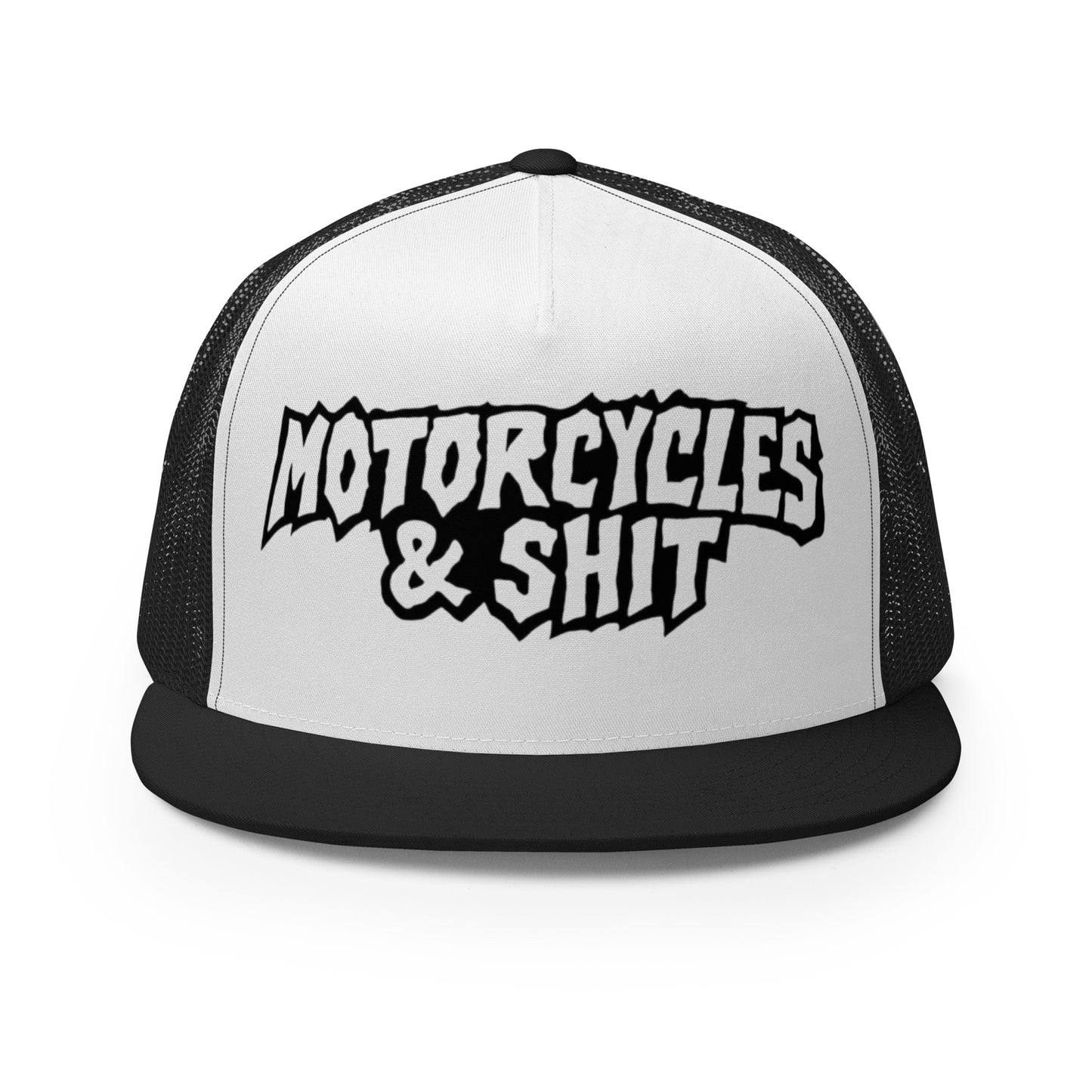 "Black and white trucker hat with mesh back and bold embroidered patch on the front reading 'Motorcycles & Shit' in all caps, designed by Highway Division."