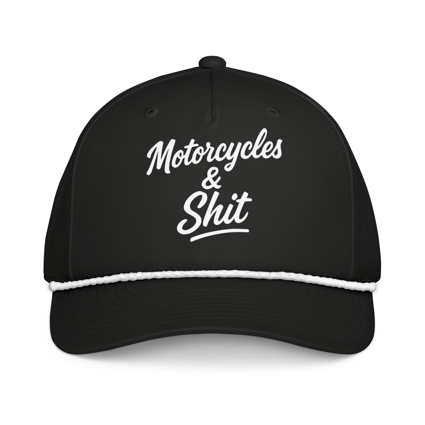 Black 'Motorcycles and Shit' trucker hat by Highway Division, styled with biker streetwear, worn by a rider standing next to a custom Harley-Davidson motorcycle.