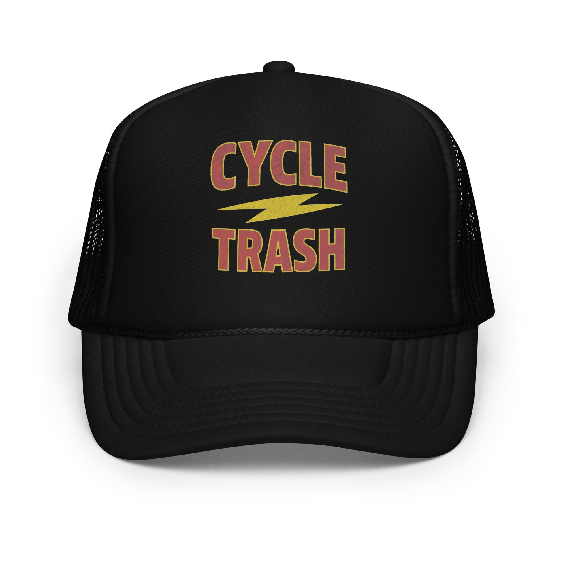 Black CYCLE TRASH trucker hat by Highway Division with bold front lettering and mesh back, biker-style snapback cap for motorcycle enthusiasts