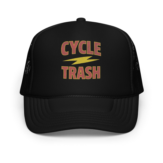 Black CYCLE TRASH trucker hat by Highway Division with bold front lettering and mesh back, biker-style snapback cap for motorcycle enthusiasts
