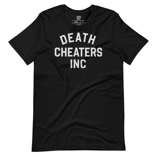 Highway Division black t-shirt featuring bold DEATH CHEATERS INC text on the front, unisex motorcycle-inspired graphic tee for bikers, streetwear fans, and lovers of rebellious alternative fashion, made with soft cotton and designed for everyday wear with edge and attitude.