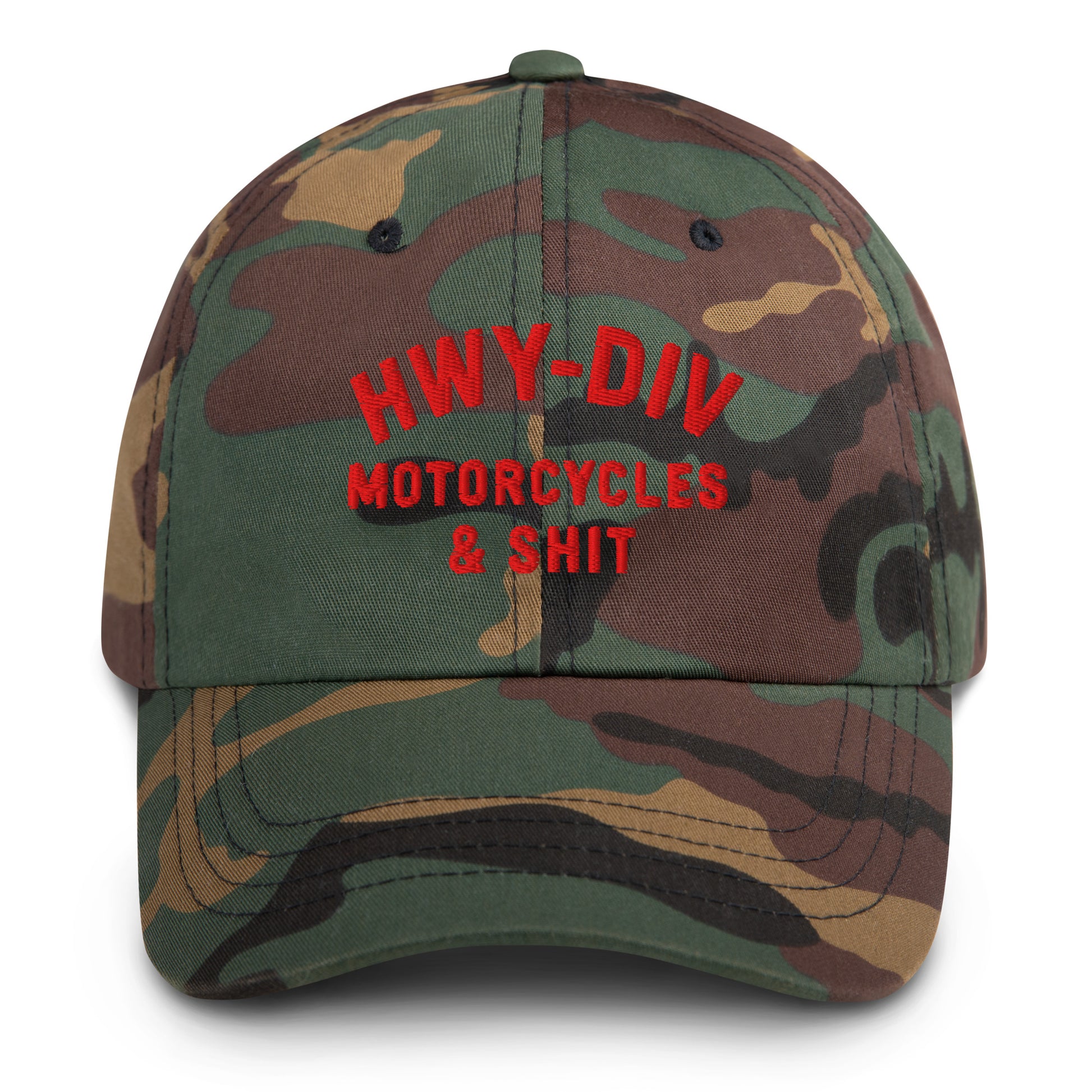 Camouflage cap with red text on a white background