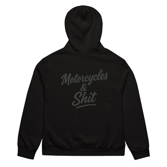 Black heavyweight hoodie by Highway Division with bold white “MOTORCYCLES & SHIT” front graphic; Harley Davidson Dyna and Road Glide inspired motorcycle streetwear for riders, outlaw attitude, wheelie culture. Dyna Clubstyle wheelie lowriderst