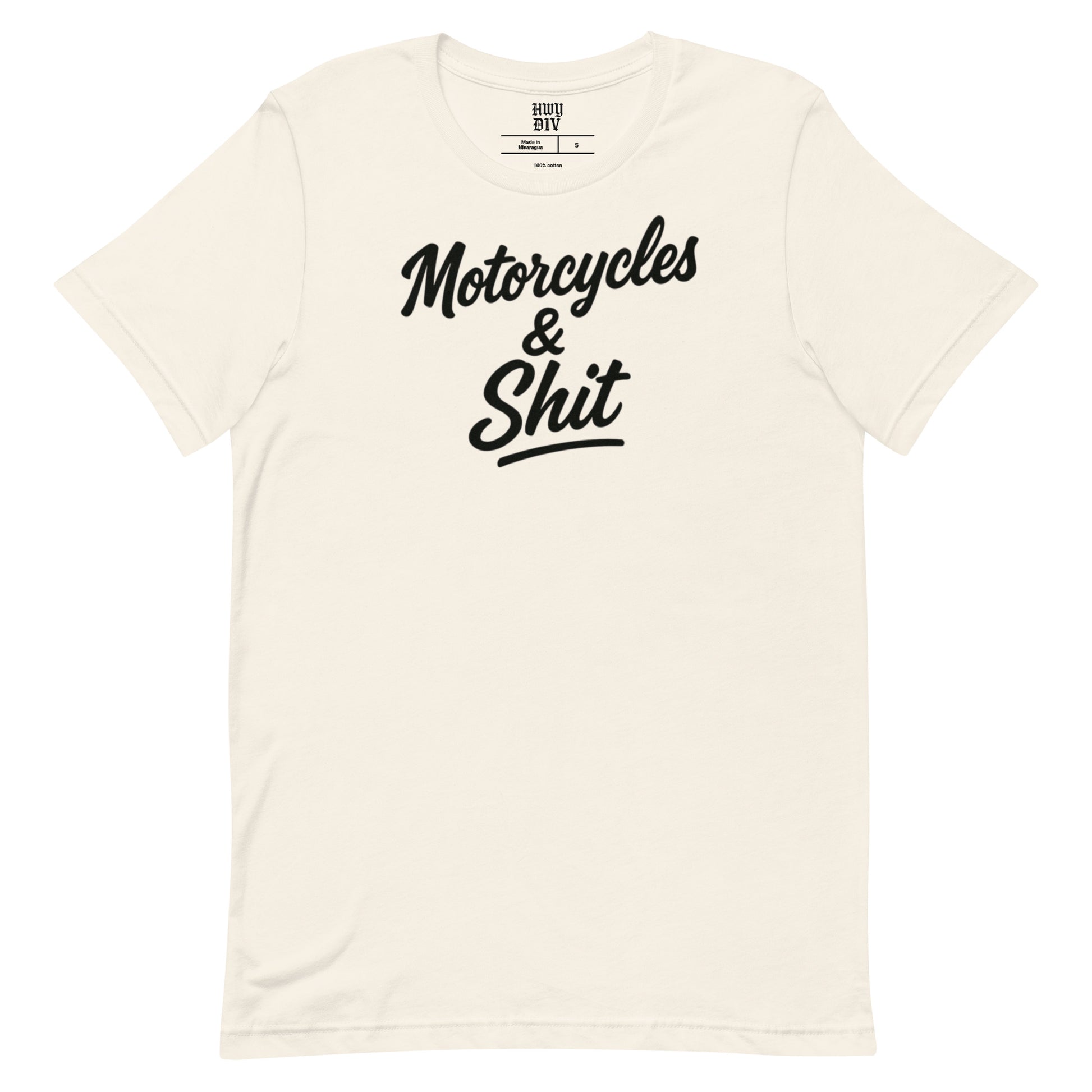 Black Highway Division T‑shirt with bold white “MOTORCYCLES & SHIT” front print; heavyweight cotton streetwear for motorcycle riders, road culture, and unapologetic lifestyle.