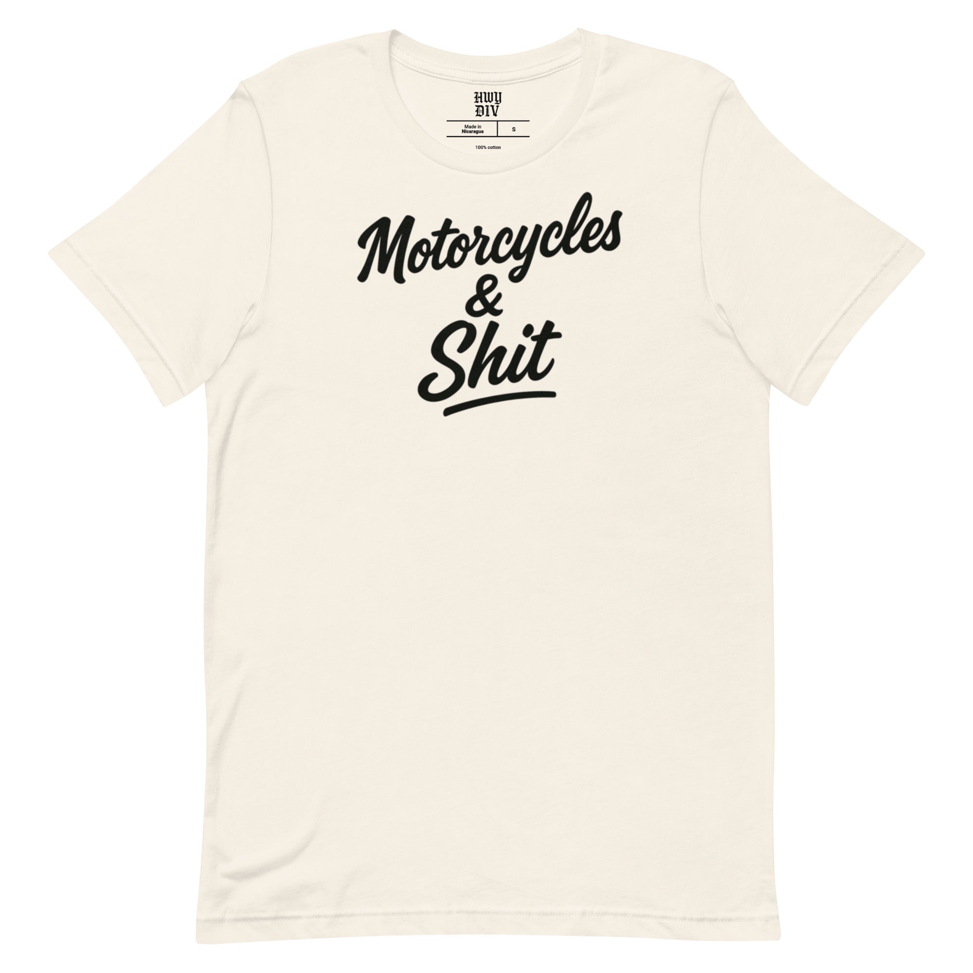 Black Highway Division T‑shirt with bold white “MOTORCYCLES & SHIT” front print; heavyweight cotton streetwear for motorcycle riders, road culture, and unapologetic lifestyle.