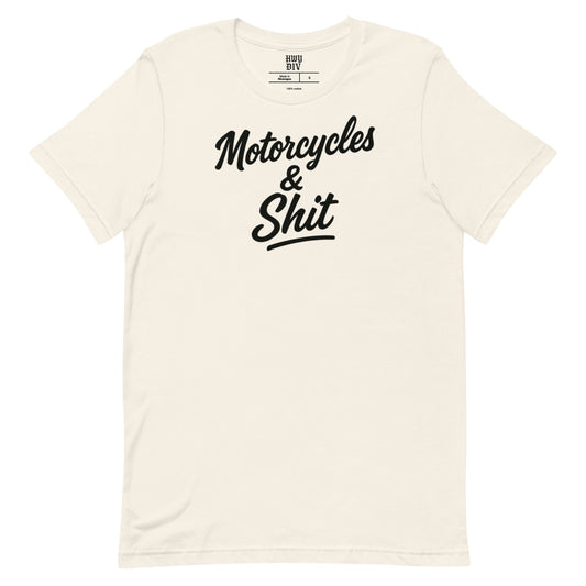 Black Highway Division T‑shirt with bold white “MOTORCYCLES & SHIT” front print; heavyweight cotton streetwear for motorcycle riders, road culture, and unapologetic lifestyle.