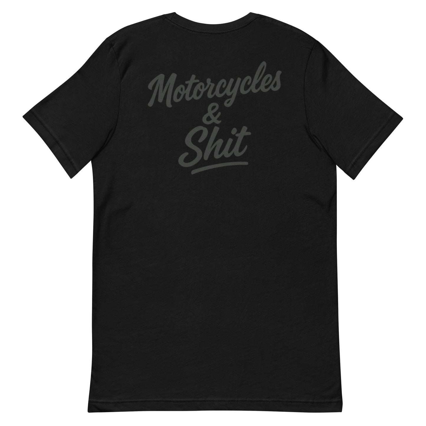 Black Highway Division T‑shirt with bold white “MOTORCYCLES & SHIT” front print; heavyweight cotton streetwear for motorcycle riders, road culture, and unapologetic lifestyle. Harley Davidson Chopper Bobber Bagger Dyna Tracker Biker