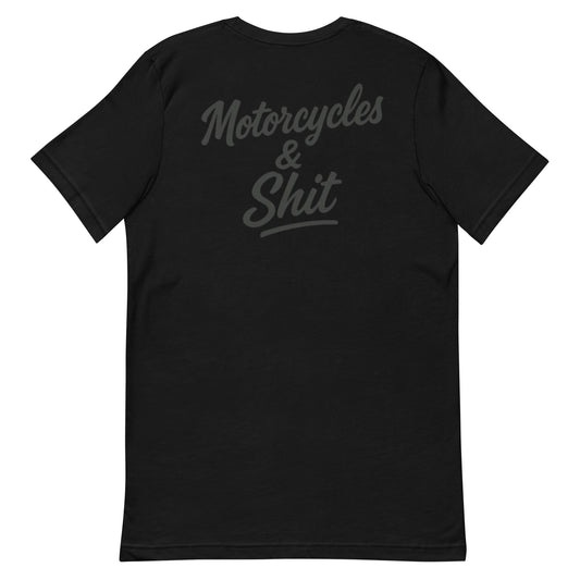 Black Highway Division T‑shirt with bold white “MOTORCYCLES & SHIT” front print; heavyweight cotton streetwear for motorcycle riders, road culture, and unapologetic lifestyle. Harley Davidson Chopper Bobber Bagger Dyna Tracker Biker