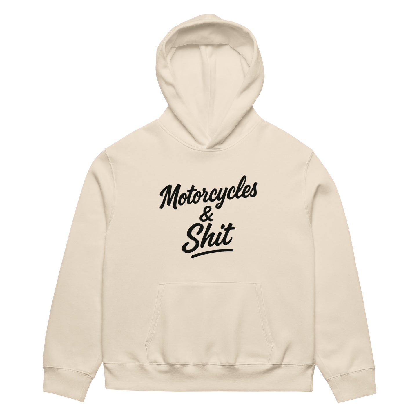 Black heavyweight hoodie by Highway Division with bold white “MOTORCYCLES & SHIT” front graphic; Harley Davidson Dyna and Road Glide inspired motorcycle streetwear for riders, outlaw attitude, wheelie culture.