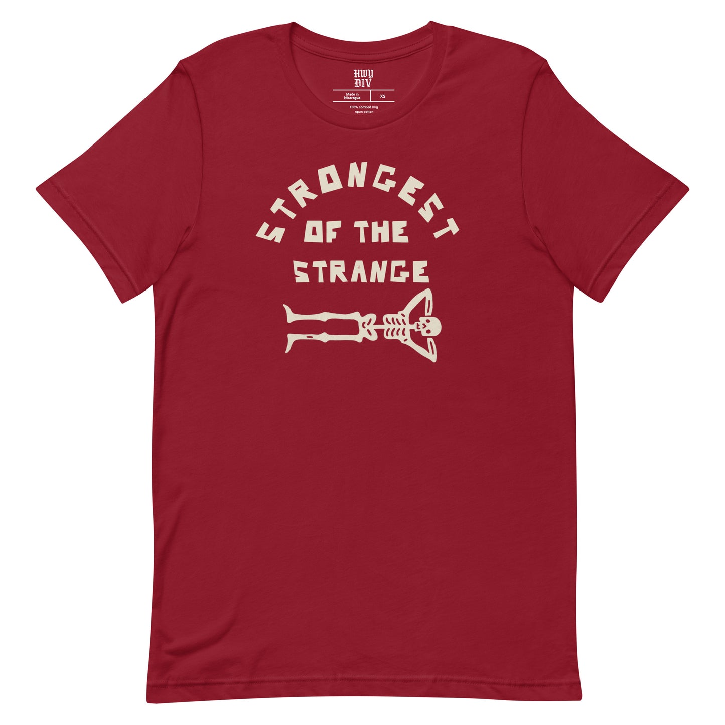 "Black t-shirt with bold Strongest of the Strange text on the front, unisex graphic tee celebrating individuality and outsider culture, perfect for fans of alternative fashion, streetwear, and those who embrace the strange and unconventional
