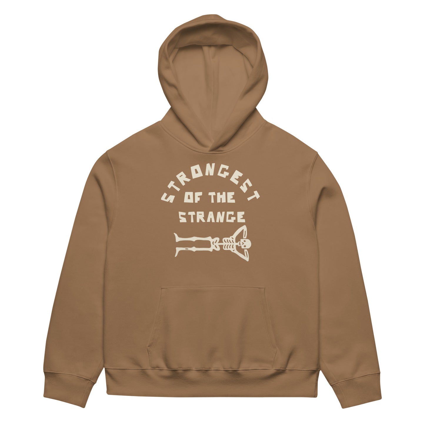 Black hoodie with bold Strongest of the Strange text on the front, heavyweight unisex pullover sweatshirt designed for fans of alternative fashion, outsider culture, and streetwear, featuring a soft fleece interior, front pouch pocket, and ribbed cuffs for all-day comfort with a rebellious edge.