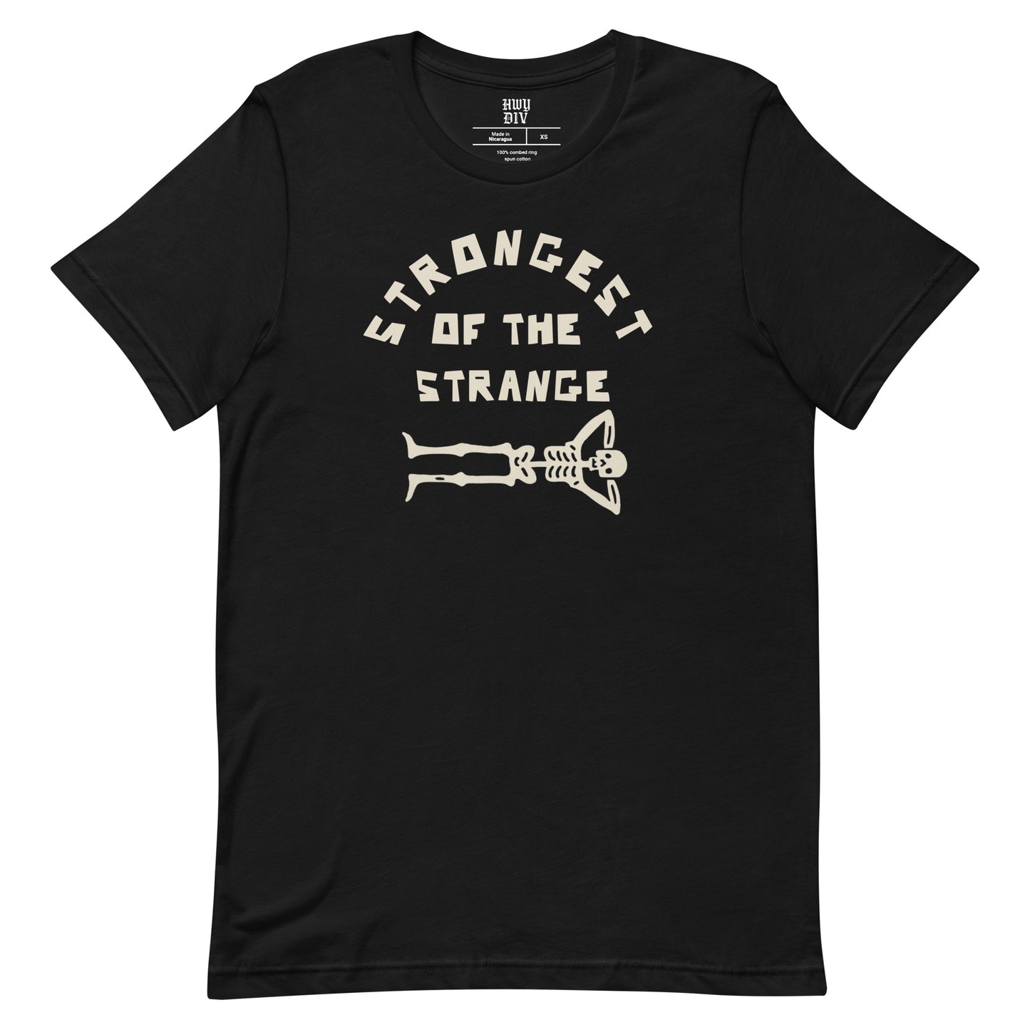 "Black t-shirt with bold Strongest of the Strange text on the front, unisex graphic tee celebrating individuality and outsider culture, perfect for fans of alternative fashion, streetwear, and those who embrace the strange and unconventional