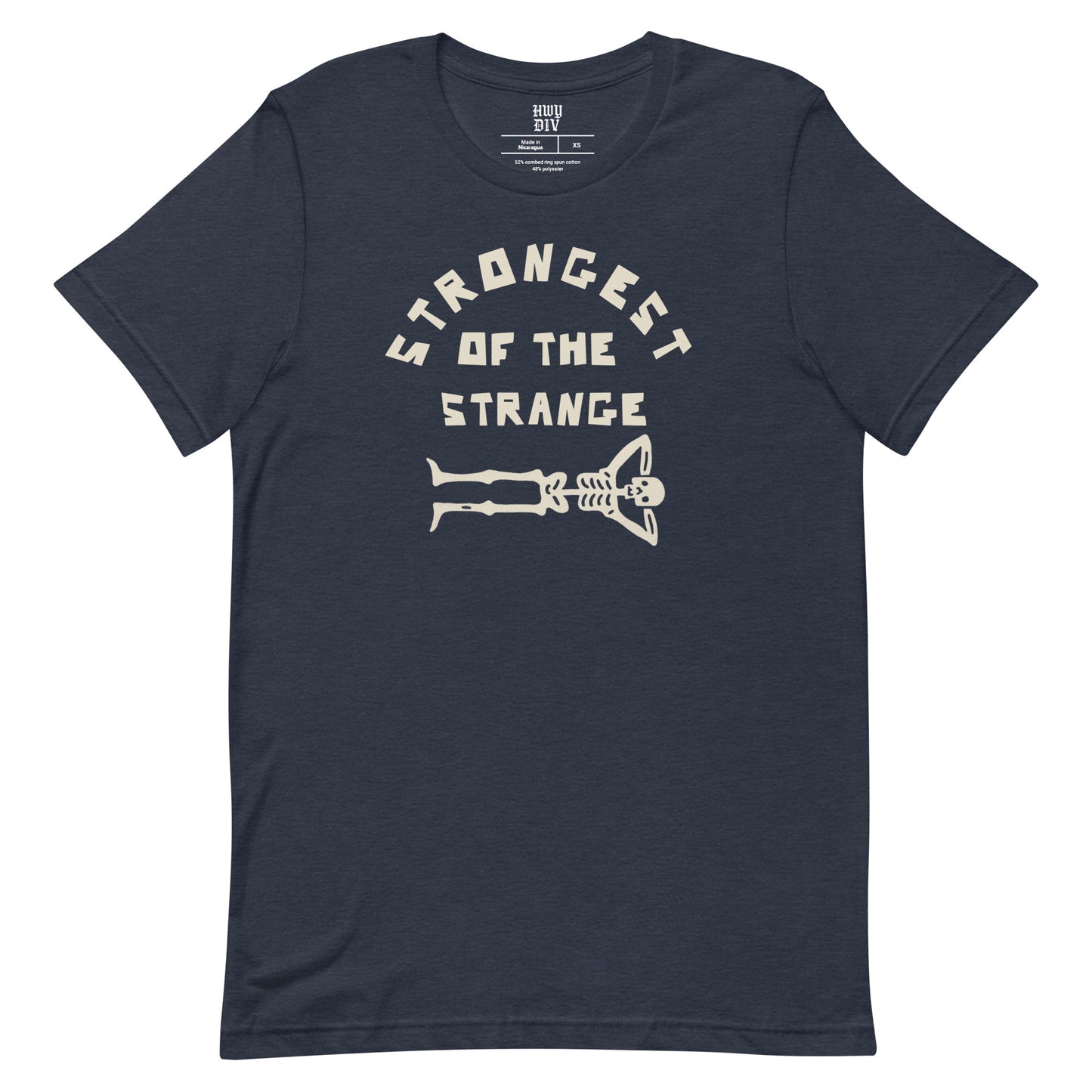 "Black t-shirt with bold Strongest of the Strange text on the front, unisex graphic tee celebrating individuality and outsider culture, perfect for fans of alternative fashion, streetwear, and those who embrace the strange and unconventional