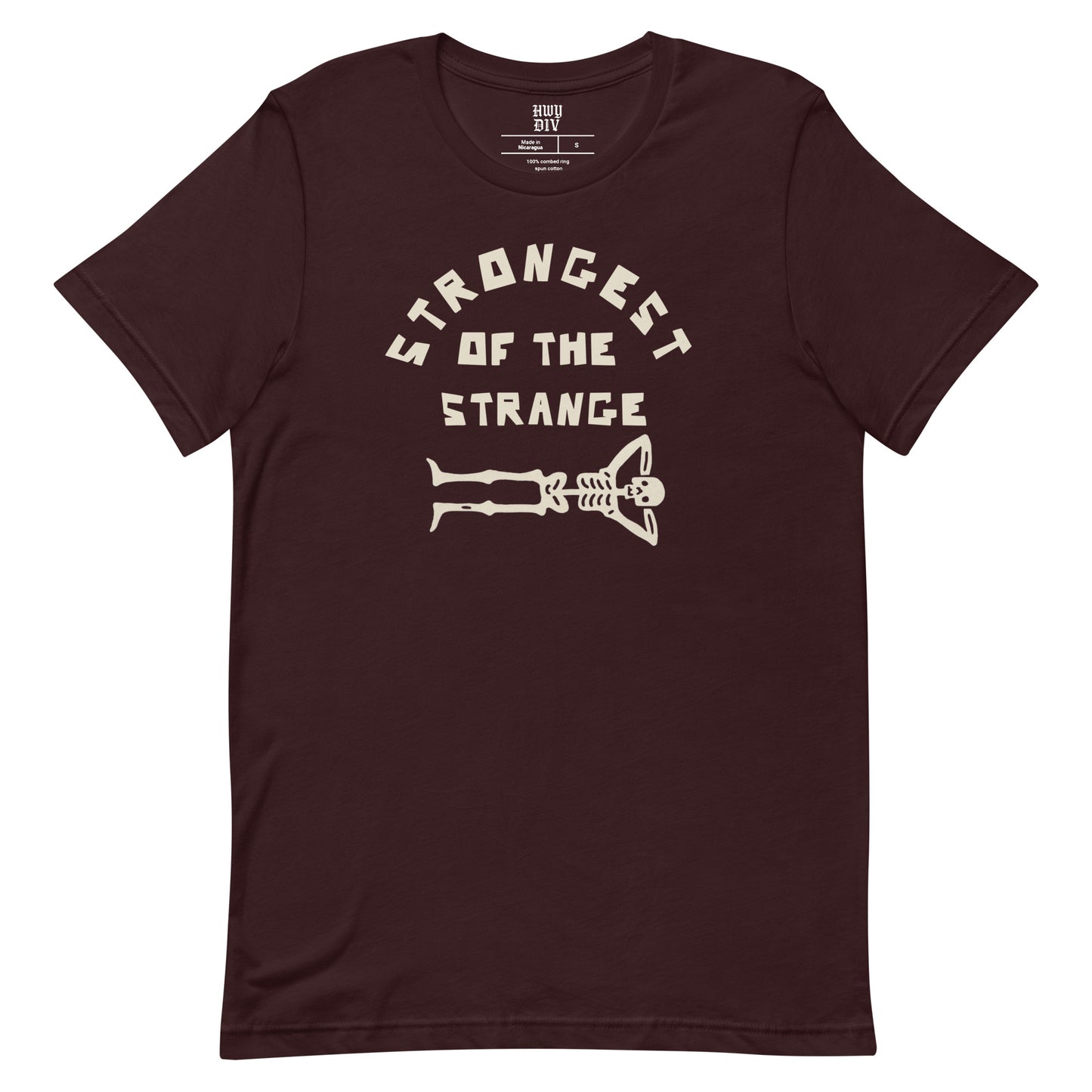 "Black t-shirt with bold Strongest of the Strange text on the front, unisex graphic tee celebrating individuality and outsider culture, perfect for fans of alternative fashion, streetwear, and those who embrace the strange and unconventional
