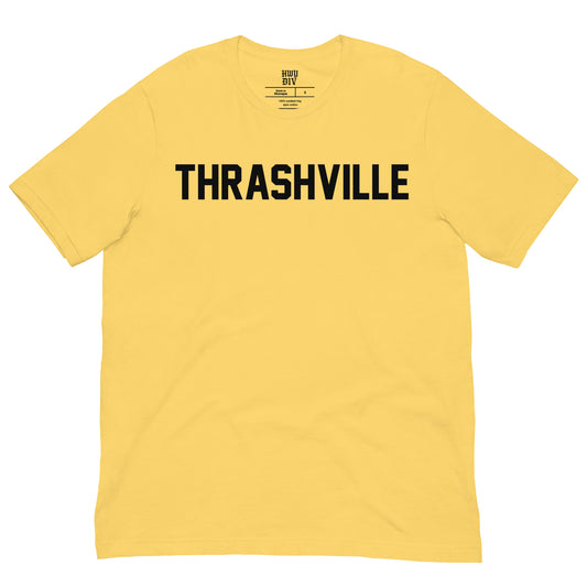 Highway Division black t-shirt with bold THRASHVILLE text on the front, unisex streetwear tee inspired by punk, metal, and motorcycle culture. NASHVILLE tee
