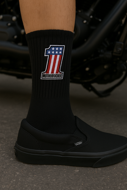 Highway Division socks featuring the phrase 'Number One Mother Fucker' in bold, rebellious lettering. Designed with a gritty biker attitude inspired by Harley-Davidson culture, these socks reflect unapologetic style and outlaw spirit Dyna Lowrider ST 
