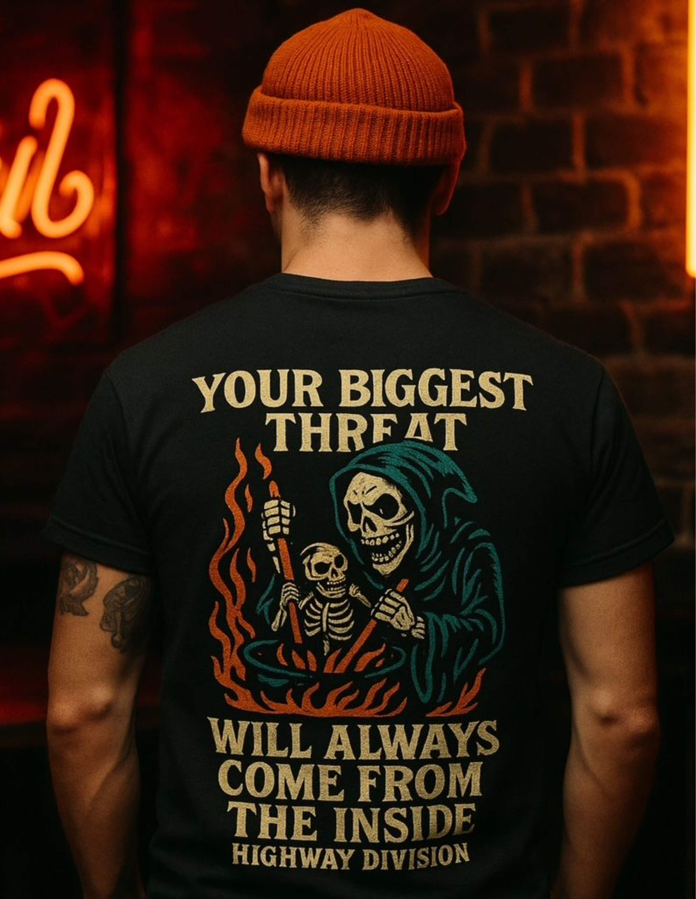 Graphic tee displaying the message "Your Biggest Threat Will Always Come from the Inside" from Highway Division
