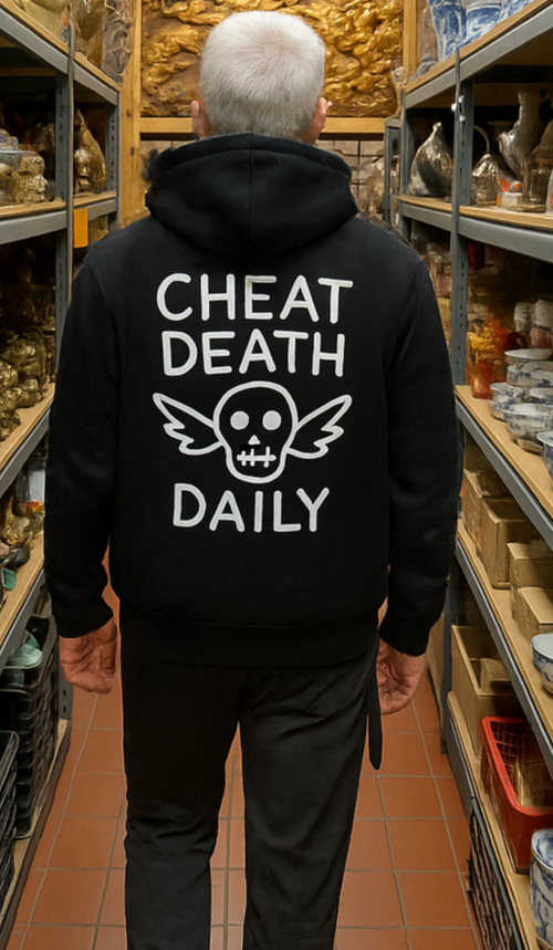 Person wearing a black hoodie with 'Cheat Death Daily' text in a store setting Highway Division HWY Motorcycle 