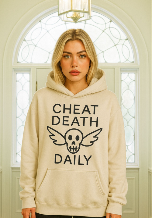 Person wearing a beige hoodie with 'Cheat Death Daily' text and skull  design. By Highway Division HWY DIV 
