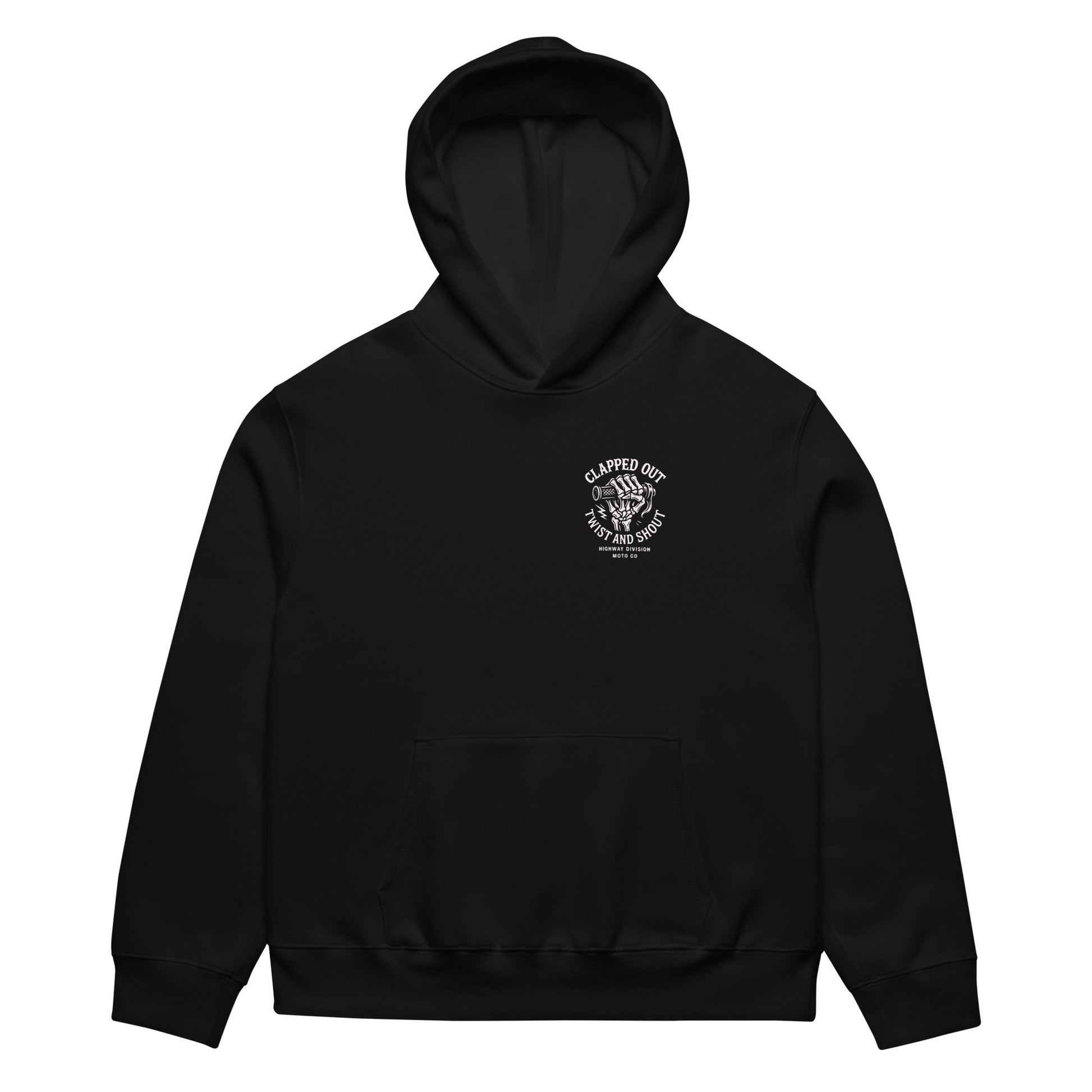 Highway Division black hoodie featuring bold “CLAPPED OUT TWIST AND SHOUT” front print. Inspired by Harley‑Davidson Dyna riders and gritty one‑wheel wheelies, this heavy‑weight streetwear hoodie captures ride‑hard, live‑loud motorcycle culture.
