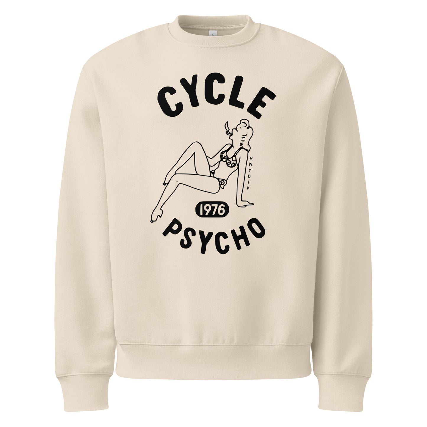 Vintage white crewneck by Highway Division with bold “CYCLE PSYCHO” front print; motorcycle streetwear crewneck for riders, builders, and throttle lovers.
