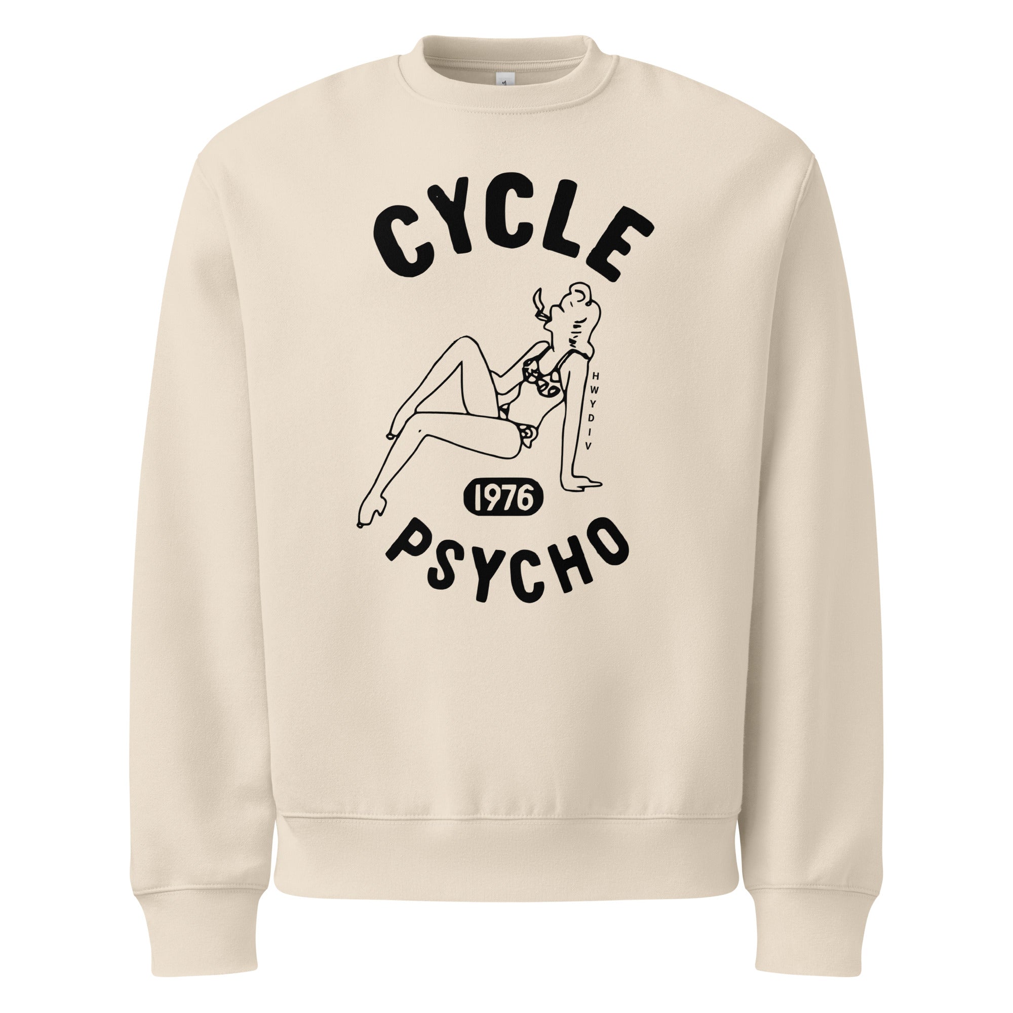 Vintage white crewneck by Highway Division with bold “CYCLE PSYCHO” front print; motorcycle streetwear crewneck for riders, builders, and throttle lovers.
