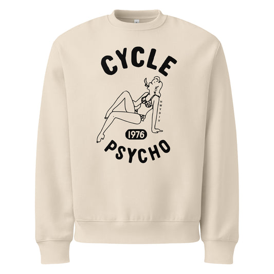 Vintage white crewneck by Highway Division with bold “CYCLE PSYCHO” front print; motorcycle streetwear crewneck for riders, builders, and throttle lovers.

