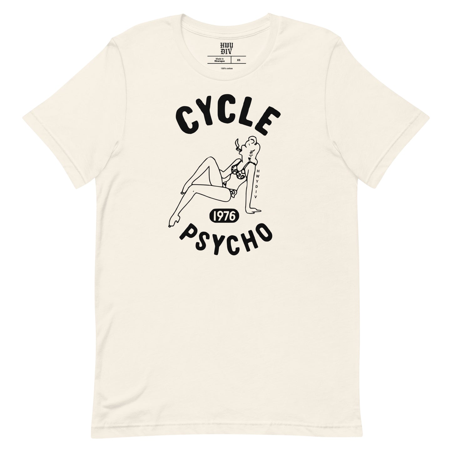 Vintage white CYCLE PSYCHO tee by Highway Division; motorcycle streetwear graphic t-shirt for riders, builders, throttle lovers with gritty, rebellious attitude.
