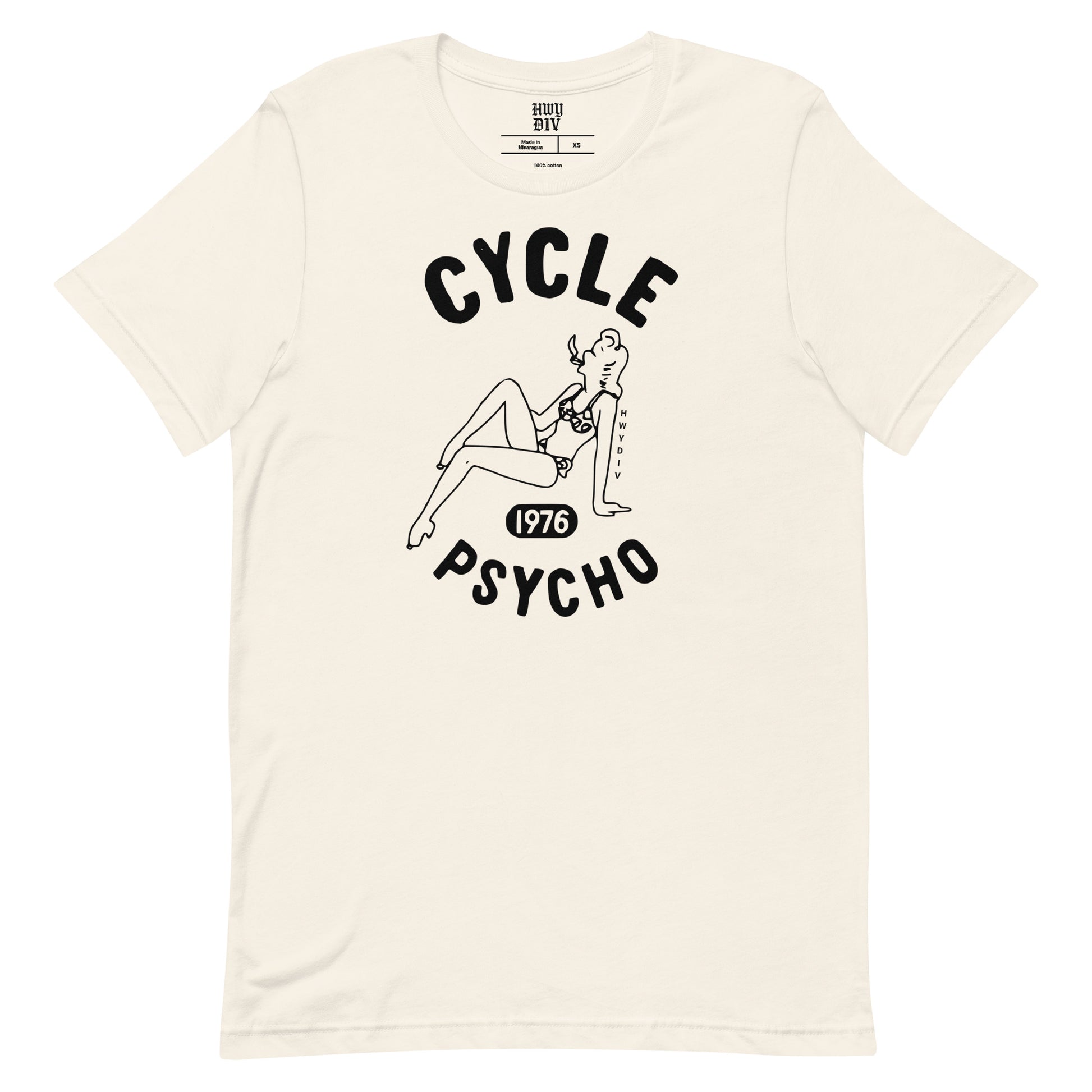 Vintage white CYCLE PSYCHO tee by Highway Division; motorcycle streetwear graphic t-shirt for riders, builders, throttle lovers with gritty, rebellious attitude.
