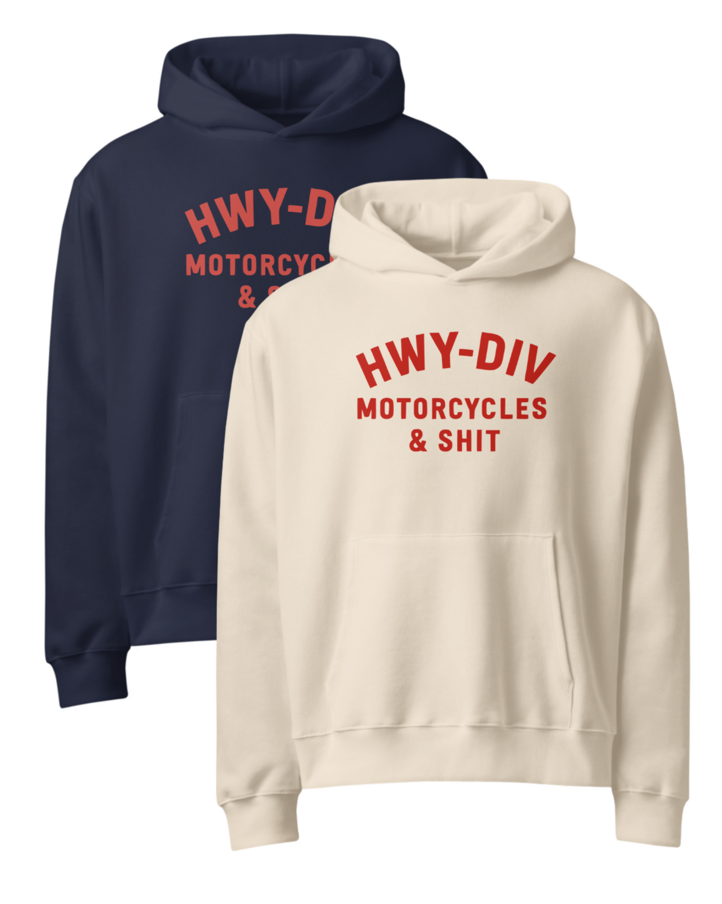 Vintage-style navy and white biker hoodie with bold red HWY-DIV Motorcycles & Shit lettering – retro motorcycle sweatshirt, streetwear hoodie for riders, edgy graphic hoodie, grunge aesthetic clothing, gift for bikers and motorcycle lovers