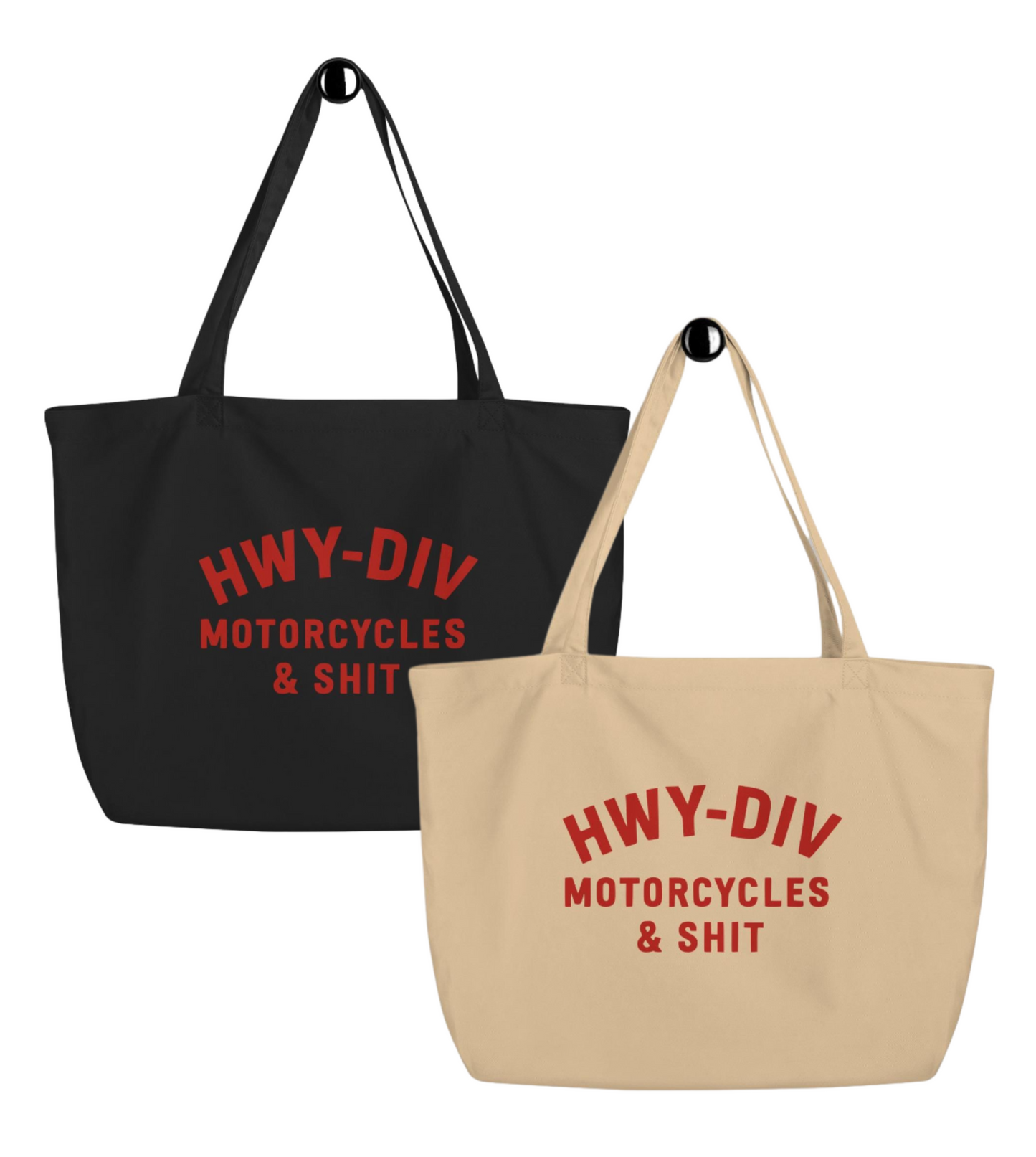 Black and natural canvas tote bag with bold 'HWY DIV MOTORCYCLES AND SHIT' text, biker aesthetic accessory for motorcycle lovers and edgy streetwear style
