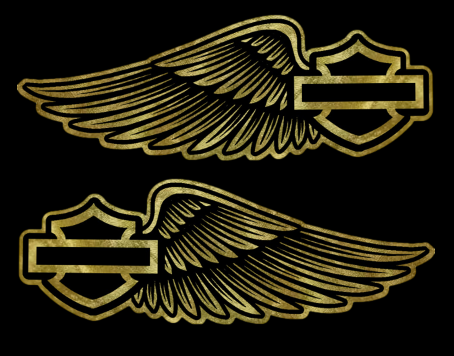 Pair of symmetrical gold leaf wing tank decals designed for a Harley-Davidson motorcycle, featuring detailed feathered wings extending outward from a central bar-and-shield style emblem area. The metallic gold finish has a reflective, hand-laid leaf appearance with fine line detailing and a vintage custom aesthetic