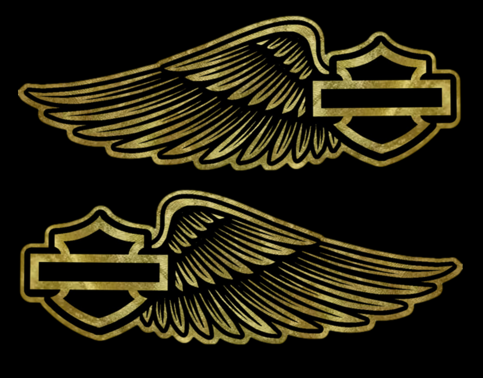 Pair of symmetrical gold leaf wing tank decals designed for a Harley-Davidson motorcycle, featuring detailed feathered wings extending outward from a central bar-and-shield style emblem area. The metallic gold finish has a reflective, hand-laid leaf appearance with fine line detailing and a vintage custom aesthetic
