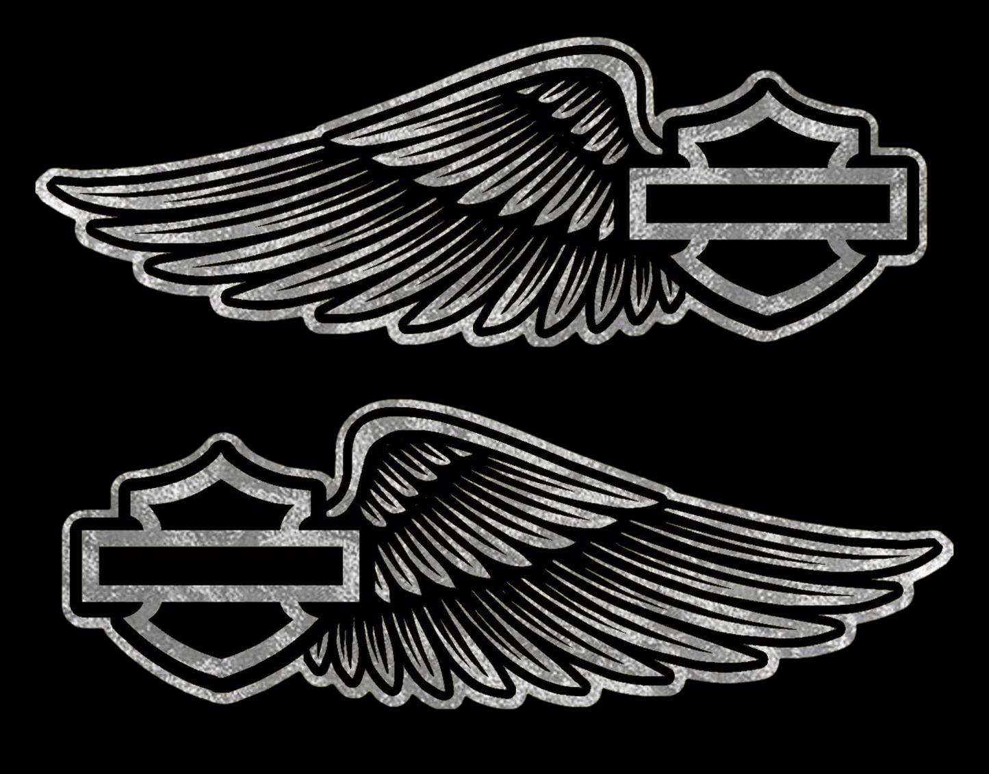Pair of symmetrical gold leaf wing tank decals designed for a Harley-Davidson motorcycle, featuring detailed feathered wings extending outward from a central bar-and-shield style emblem area. The metallic gold finish has a reflective, hand-laid leaf appearance with fine line detailing and a vintage custom aesthetic.