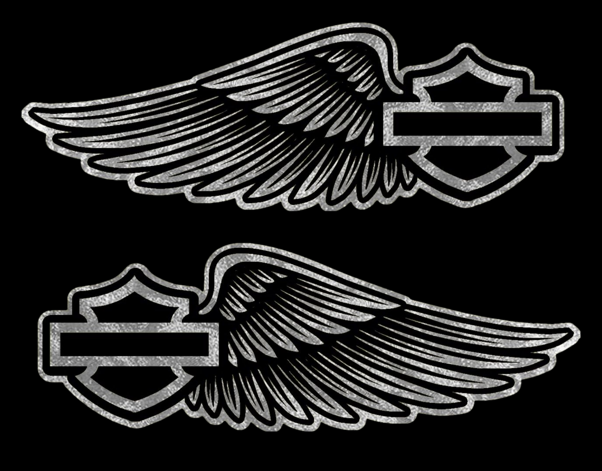 Pair of symmetrical gold leaf wing tank decals designed for a Harley-Davidson motorcycle, featuring detailed feathered wings extending outward from a central bar-and-shield style emblem area. The metallic gold finish has a reflective, hand-laid leaf appearance with fine line detailing and a vintage custom aesthetic.
