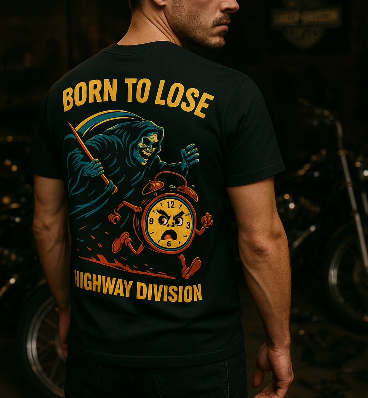 Highway Division 'Born to Lose' T-shirt in vintage black, featuring bold, distressed white lettering across the chest. Inspired by Harley-Davidson motorcycle culture, the shirt reflects a rebellious, road-worn biker attitude with classic outlaw styling
