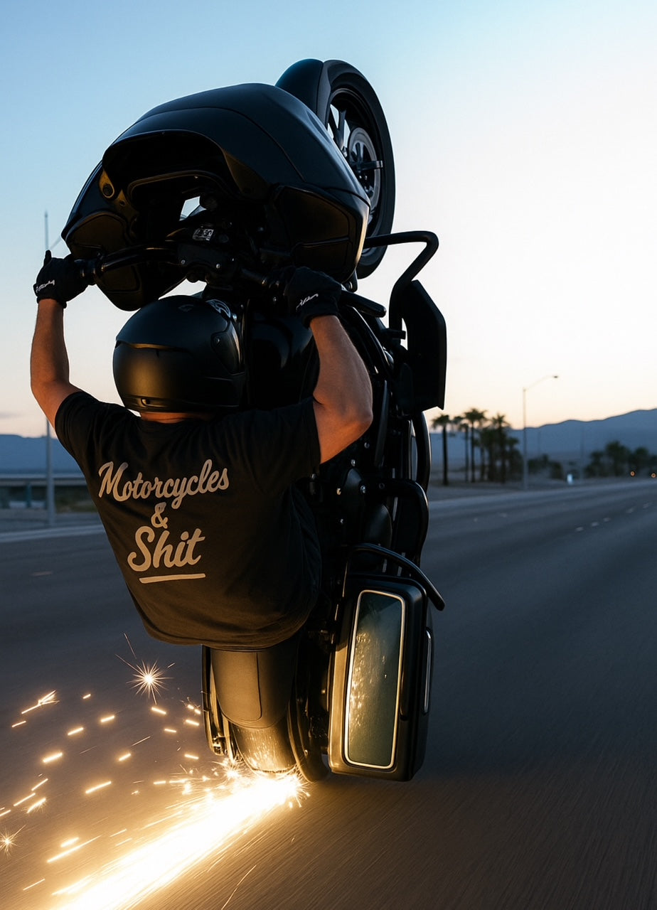Black 'Motorcycles and Shit' t-shirt by Highway Division, unisex graphic tee for motorcycle enthusiasts and streetwear fans harley road glide wheelie 