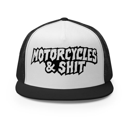 "Black and white trucker hat with mesh back and bold embroidered patch on the front reading 'Motorcycles & Shit' in all caps, designed by Highway Division."