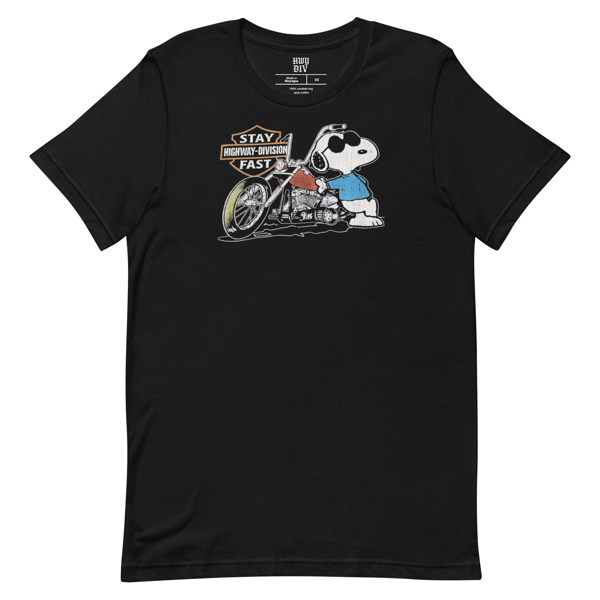 Black t-shirt featuring Snoopy riding a custom chopper motorcycle with bold Highway Division Stay Fast text, unisex biker-inspired graphic tee combining nostalgic cartoon art with vintage motorcycle culture, perfect for riders, collectors, and streetwear fans looking for unique and edgy apparel.