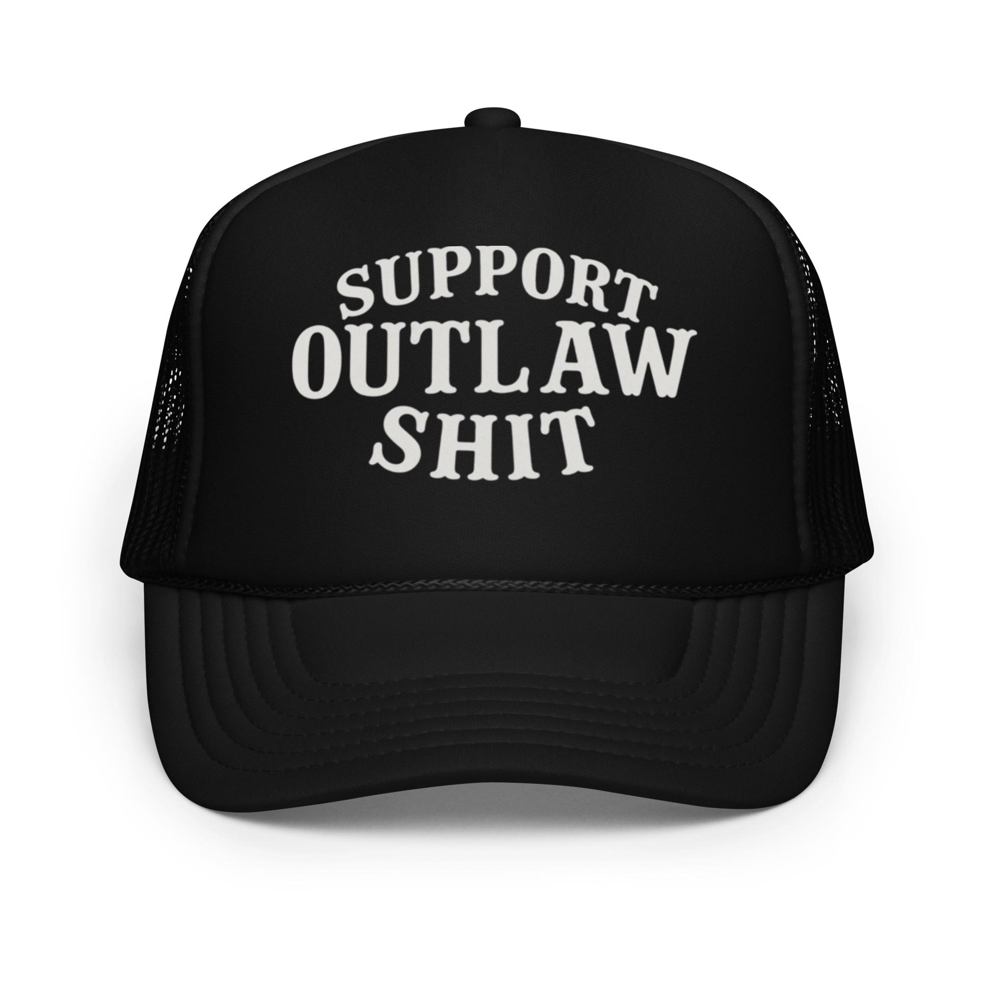 A black snapback hat with a curved brim, featuring a bold embroidered patch that reads "Support Outlaw Shit" in white lettering. The hat has a structured, six-panel design and is styled with a rugged, rebellious aesthetic. Branded by Highway Division, it's shown against a neutral background with subtle lighting to highlight its texture and detail.