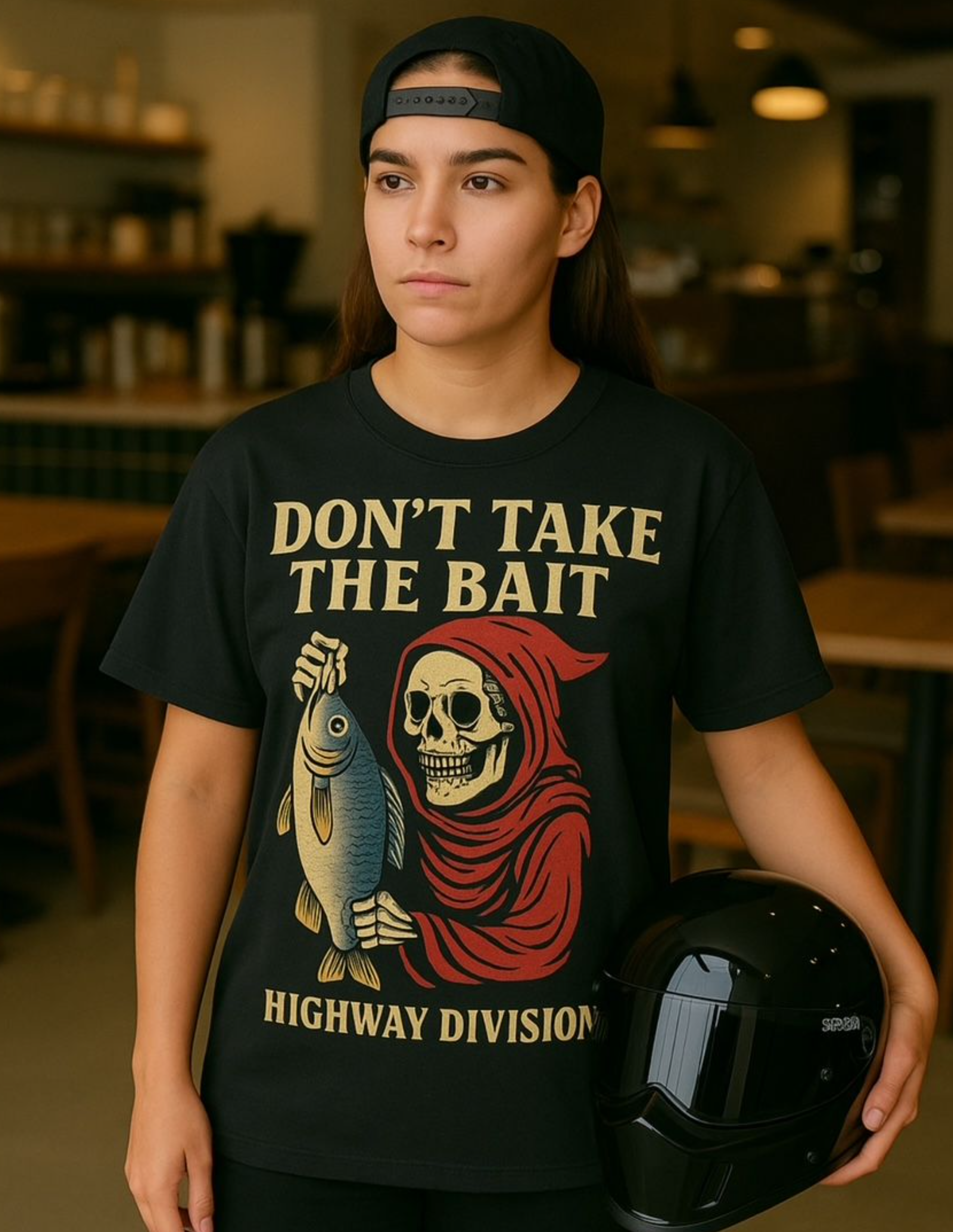 Highway Division 'Don't Take the Bait' T-shirt featuring a detailed graphic of the Grim Reaper fishing with a skeletal grin, holding a rod and lure. The design blends dark humor with biker rebellion, echoing Harley-Davidson-inspired motorcycle culture and a warning to think before you follow