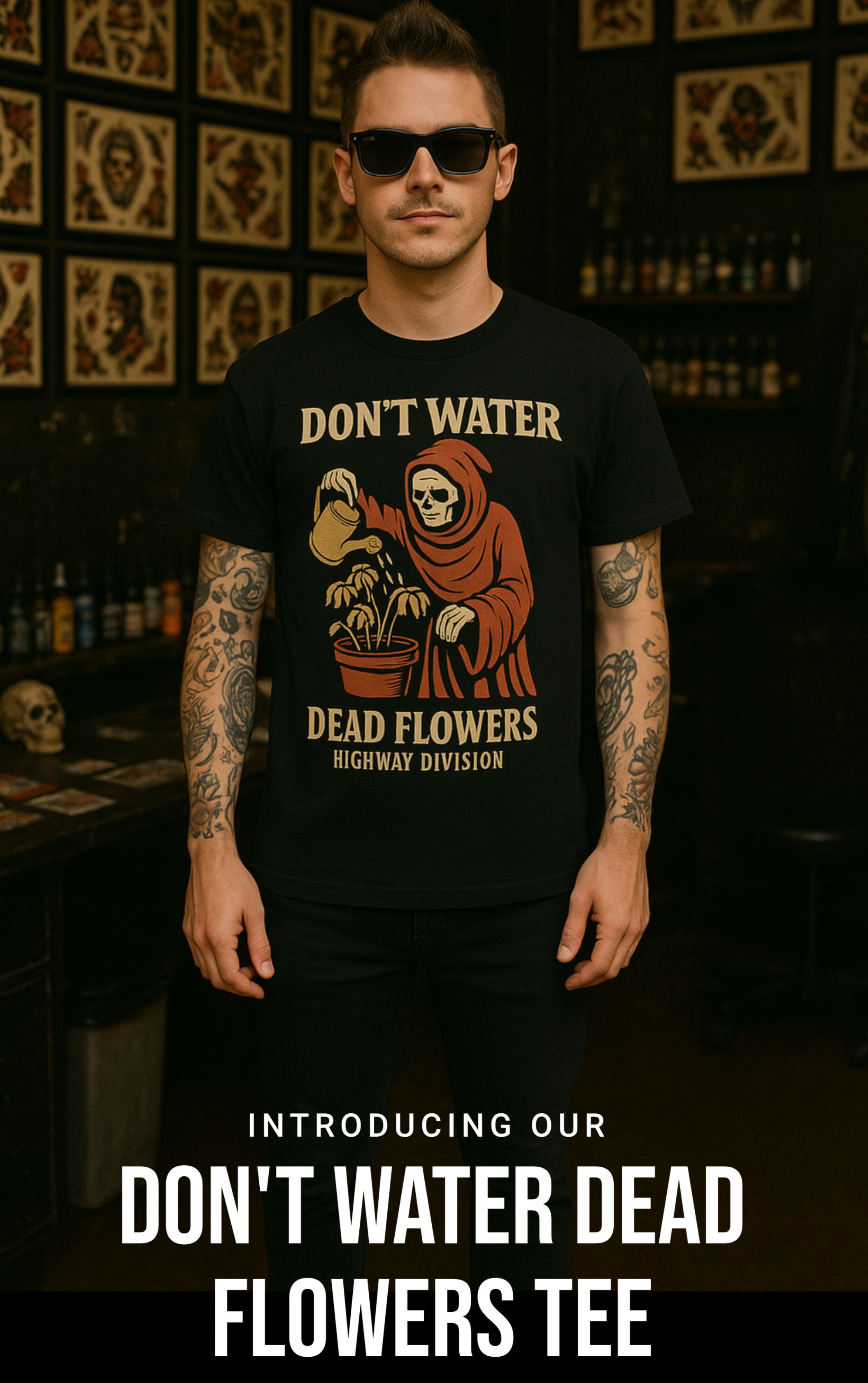 Black T-shirt featuring a detailed illustration of the Grim Reaper in a tattered cloak, watering a patch of wilted, dead flowers with a rusty watering can. The scene is set in a desolate, graveyard-like field. Above or below the image, bold gothic text reads: 'DON’T WATER DEAD FLOWERS.' The design uses grayscale tones with subtle hints of red for a moody, haunting effect