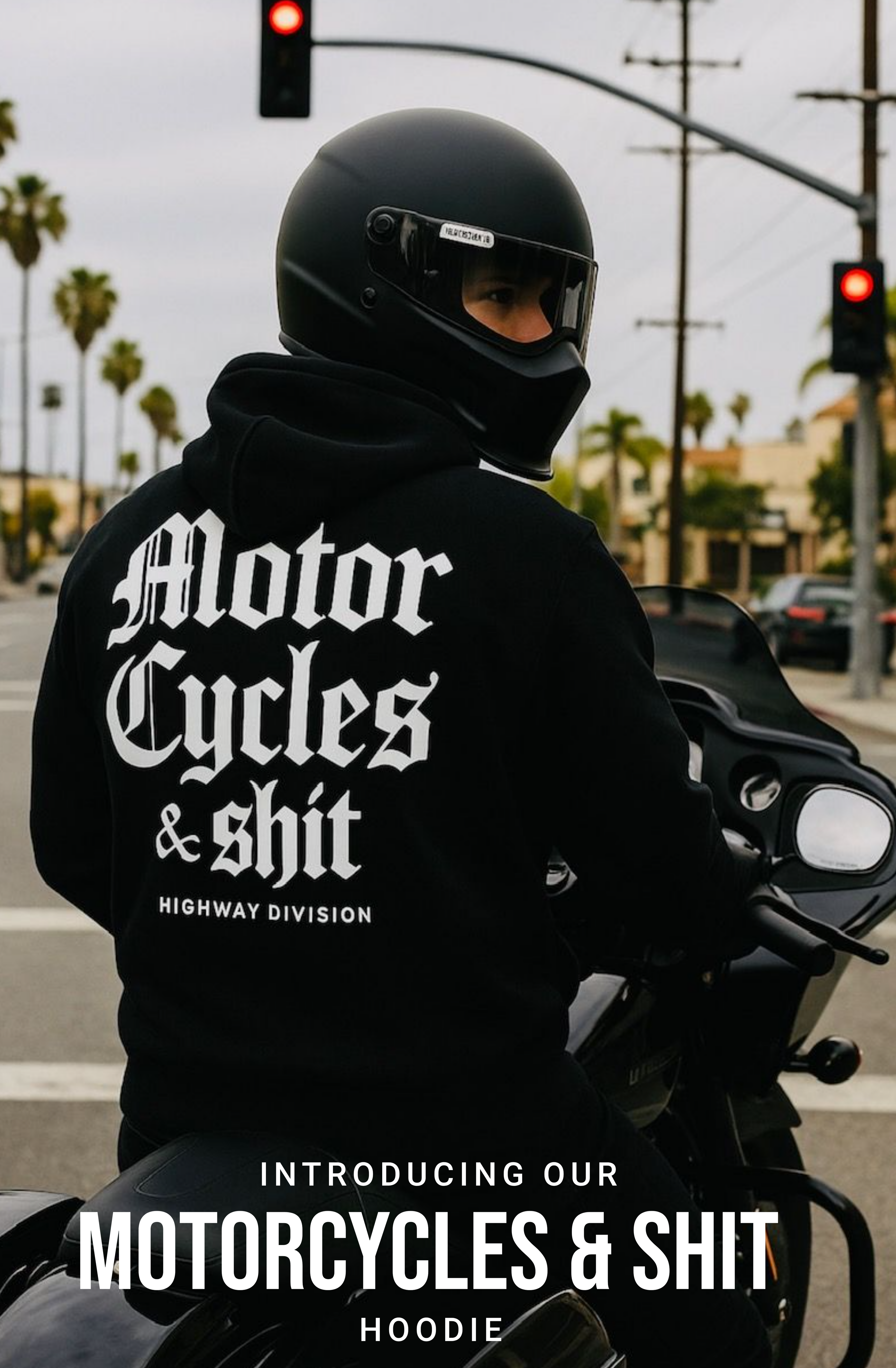 Black hoodie with bold white text that reads 'Motorcycles and Shit' by Highway Division, styled in a vintage biker aesthetic. Perfect for Harley-Davidson enthusiasts, this streetwear piece evokes classic motorcycle club culture and rugged road trip vibes