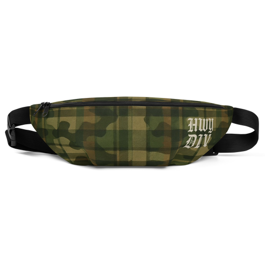 Camouflage-patterned fanny pack with 'HWY DIV' branding on a white background