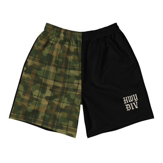 black and camouflage  shorts with 'HWY DIV' text, on a white background. Harley Davidson dyna road glide bagger biker swim 