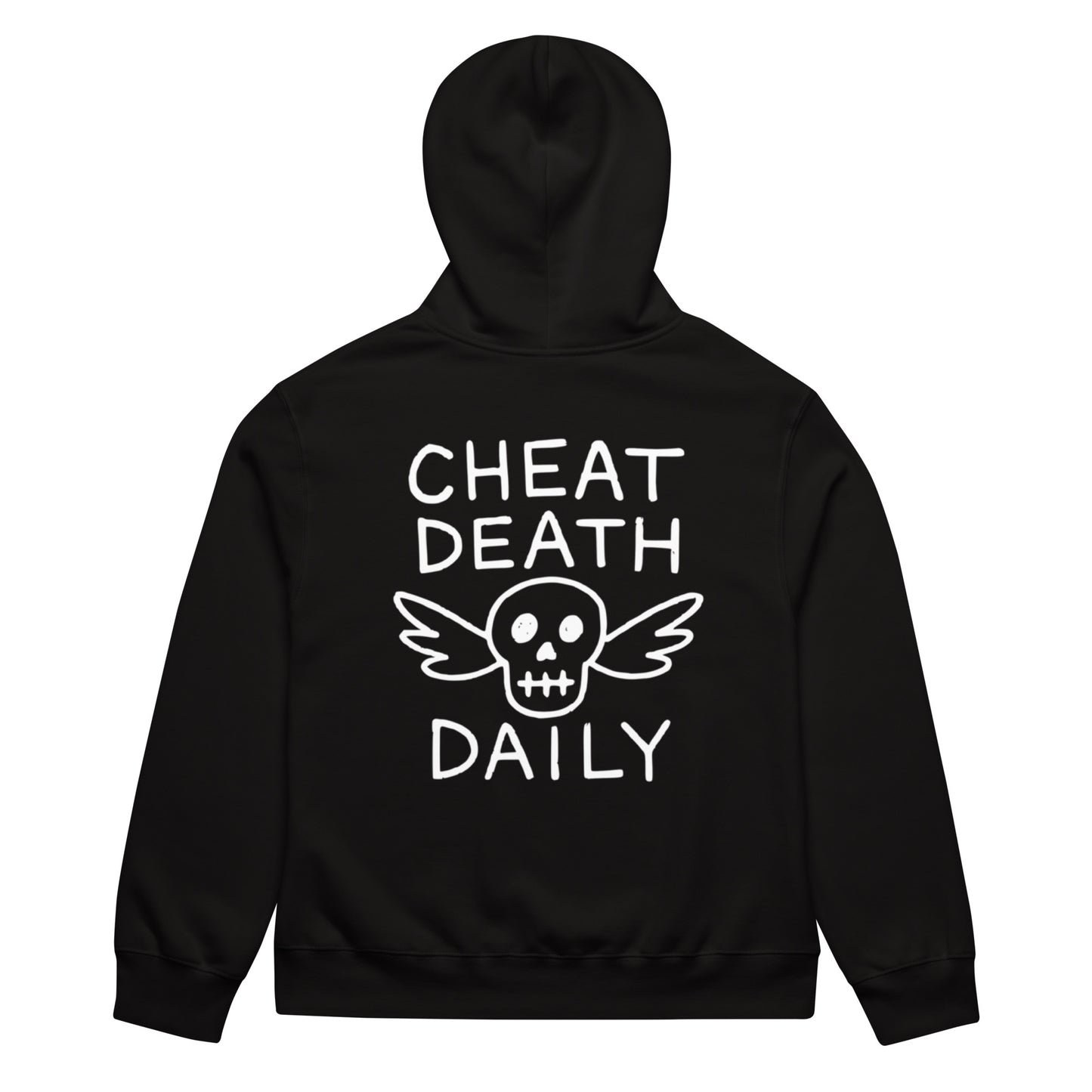 Person wearing a black hoodie with 'Cheat Death Daily' text in a store setting Highway Division HWY Motorcycle 